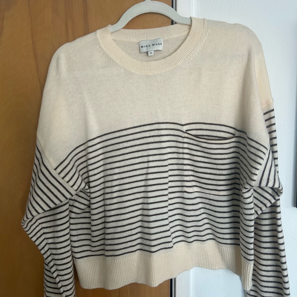Miou Miou Cream Crewneck Sweater with Black Stripes - Picture 1 of 4